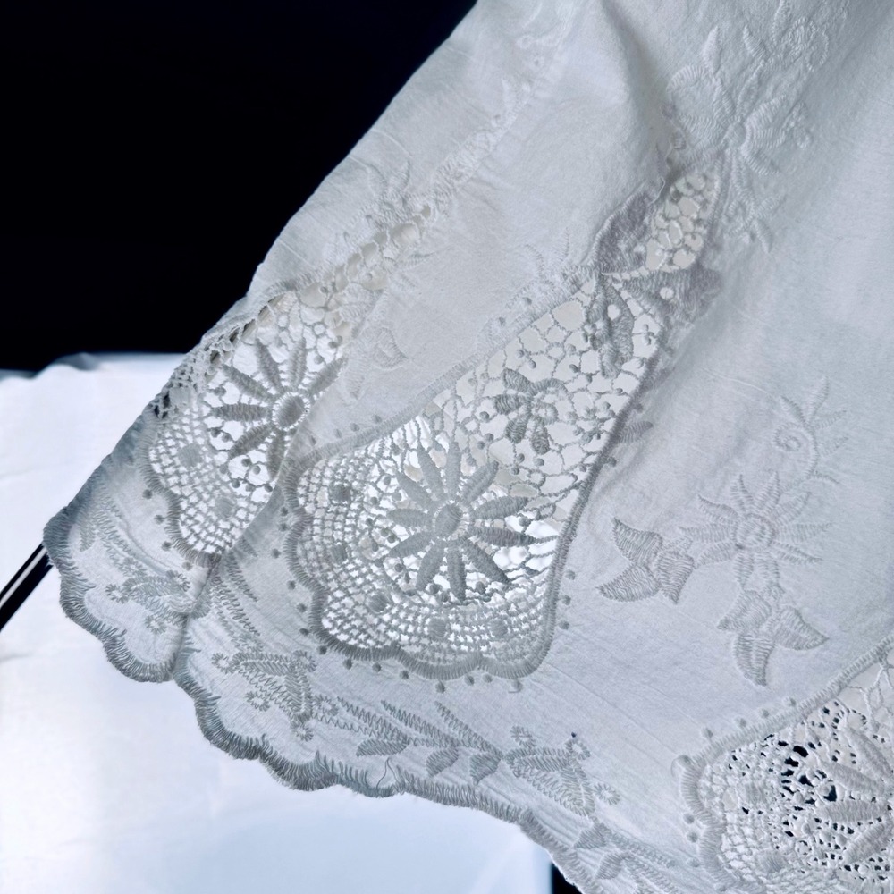 Boho Fairy Knee Skirt White Cotton Small Drawstring Lined Lace Cut-Out A-Line - Picture 4 of 9